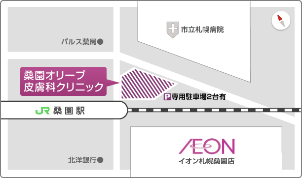 イオン札幌桑園店、市立札幌病院からすぐ。アクセスマップ詳細図。